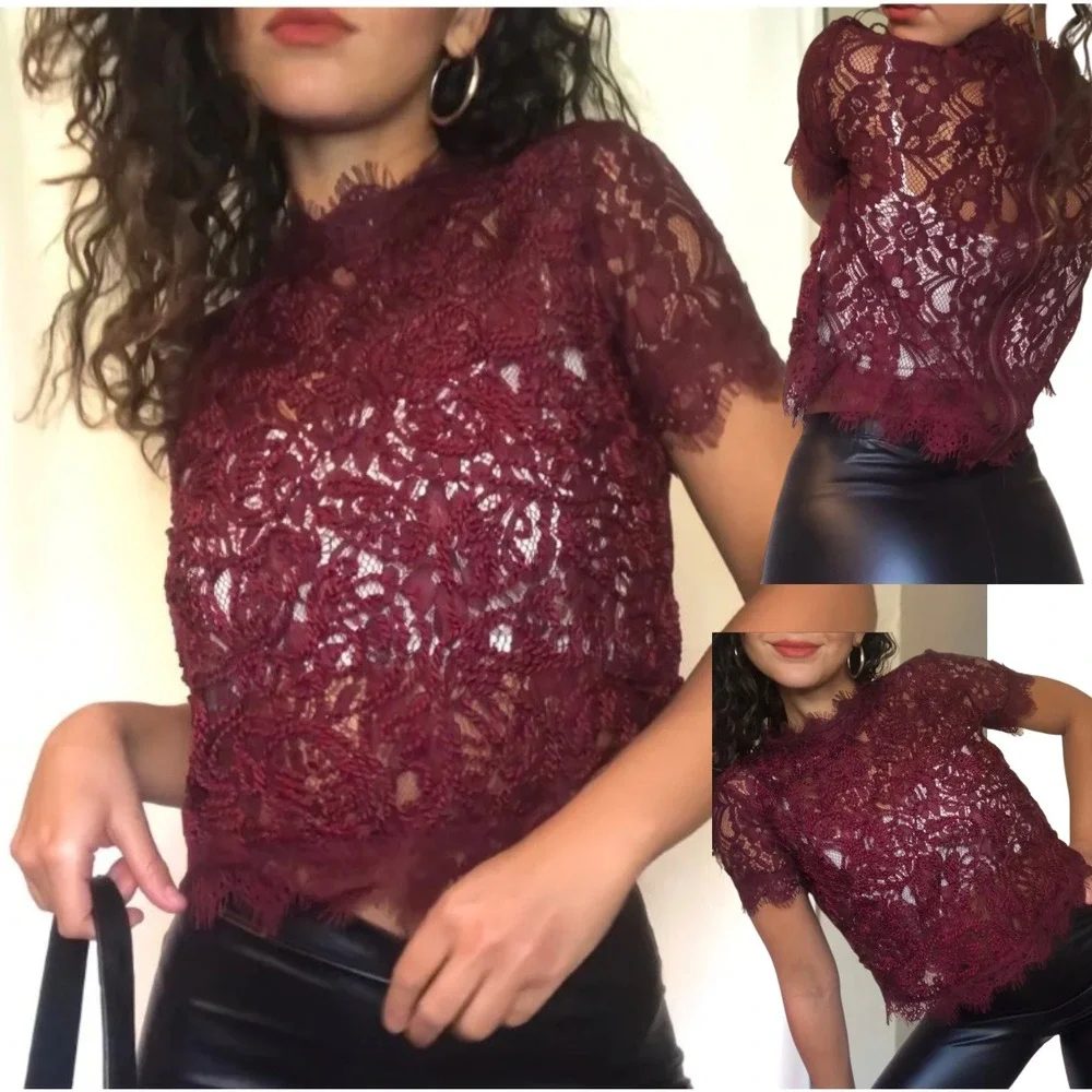 Zara Trafaluc Burgundy Lace Short Sleeve Crop Top Medium